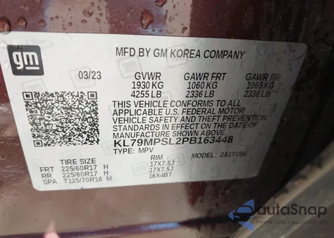 2023 Chevrolet Trailblazer Fwd Lt z USA, uszkodzony, nr VIN KL79MPSL2PB163448